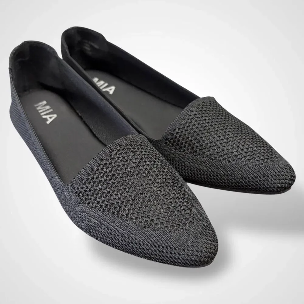 MIA Women Knit Stretchy Pointy Flats Shoes Size 6.5 M Black Comfort Academia